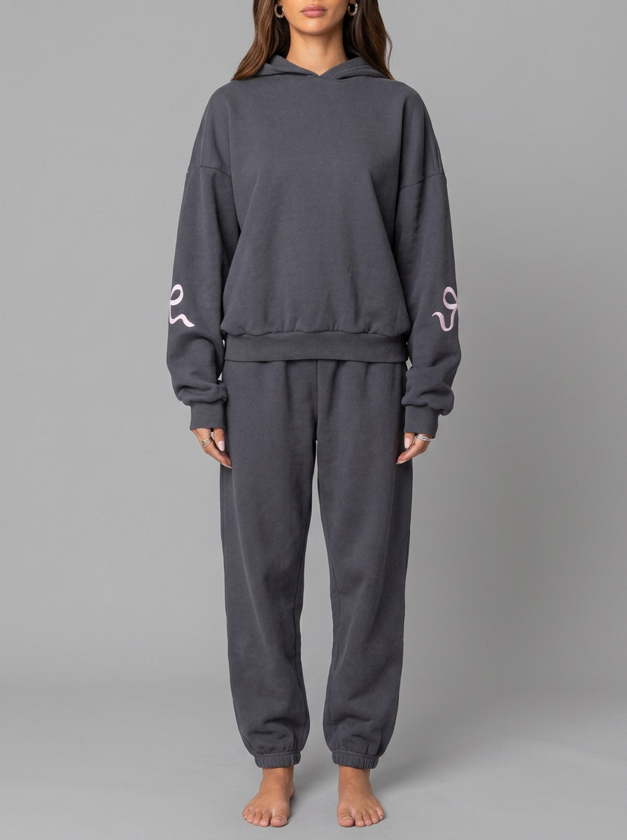 Women's Bow Detail Hooded Tracksuit Set - Dark Gray