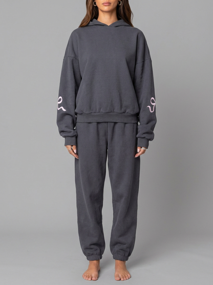 Women's Bow Detail Hooded Tracksuit Set - Dark Gray