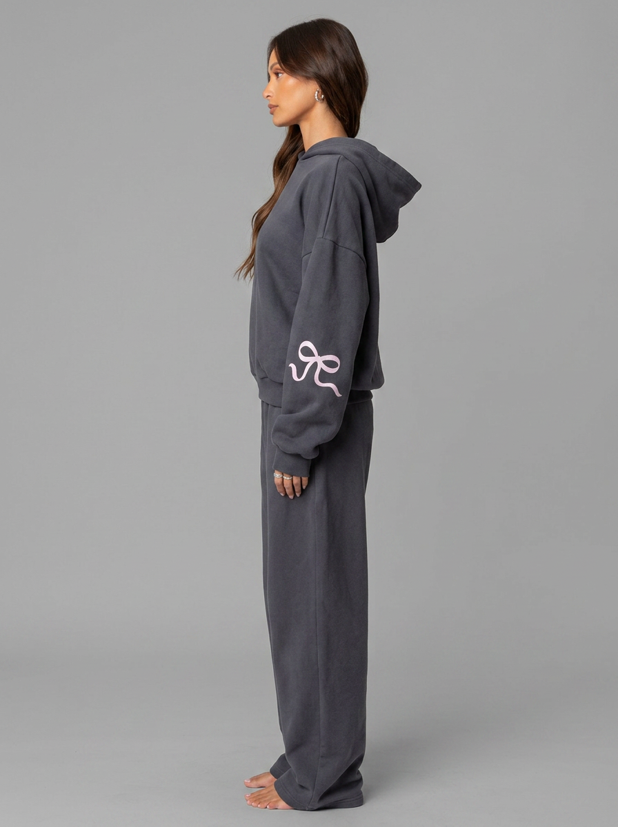 Women's Bow Detail Hooded Tracksuit Set - Dark Gray