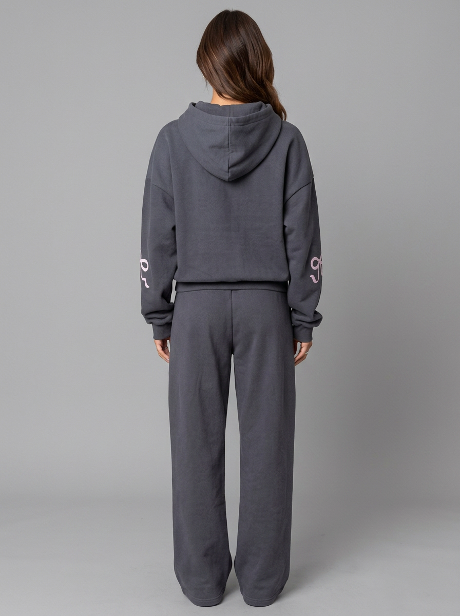 Women's Bow Detail Hooded Tracksuit Set - Dark Gray