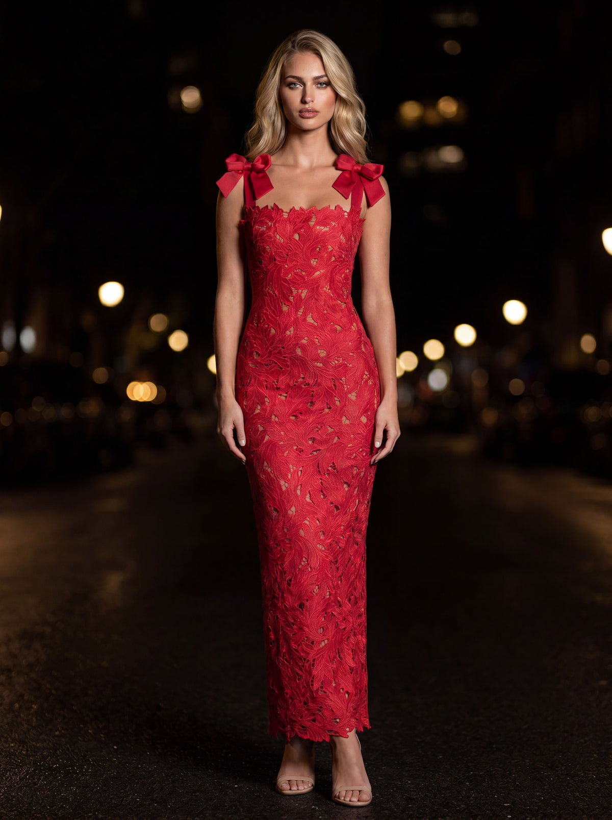 Women's Bow Strap Lace-Inspired Formal Maxi Dress - Red
