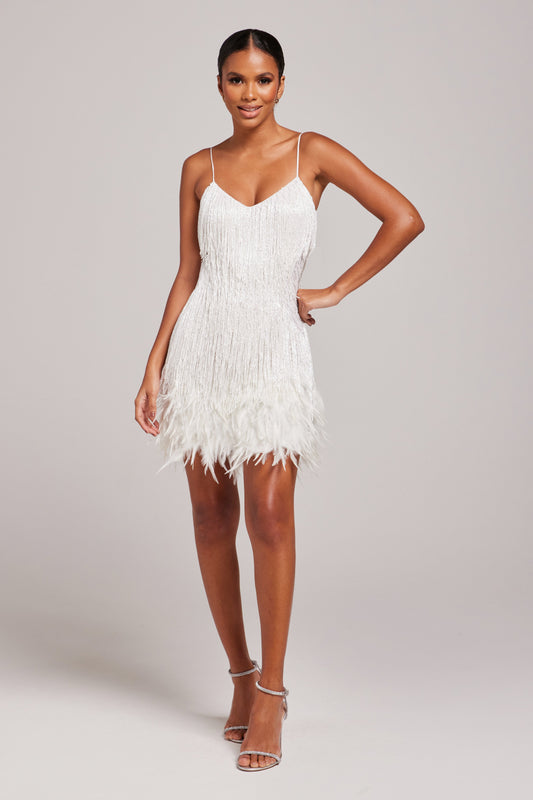 Women's Bridal Shower White Mini Dress with Fringe and V Neck - White
