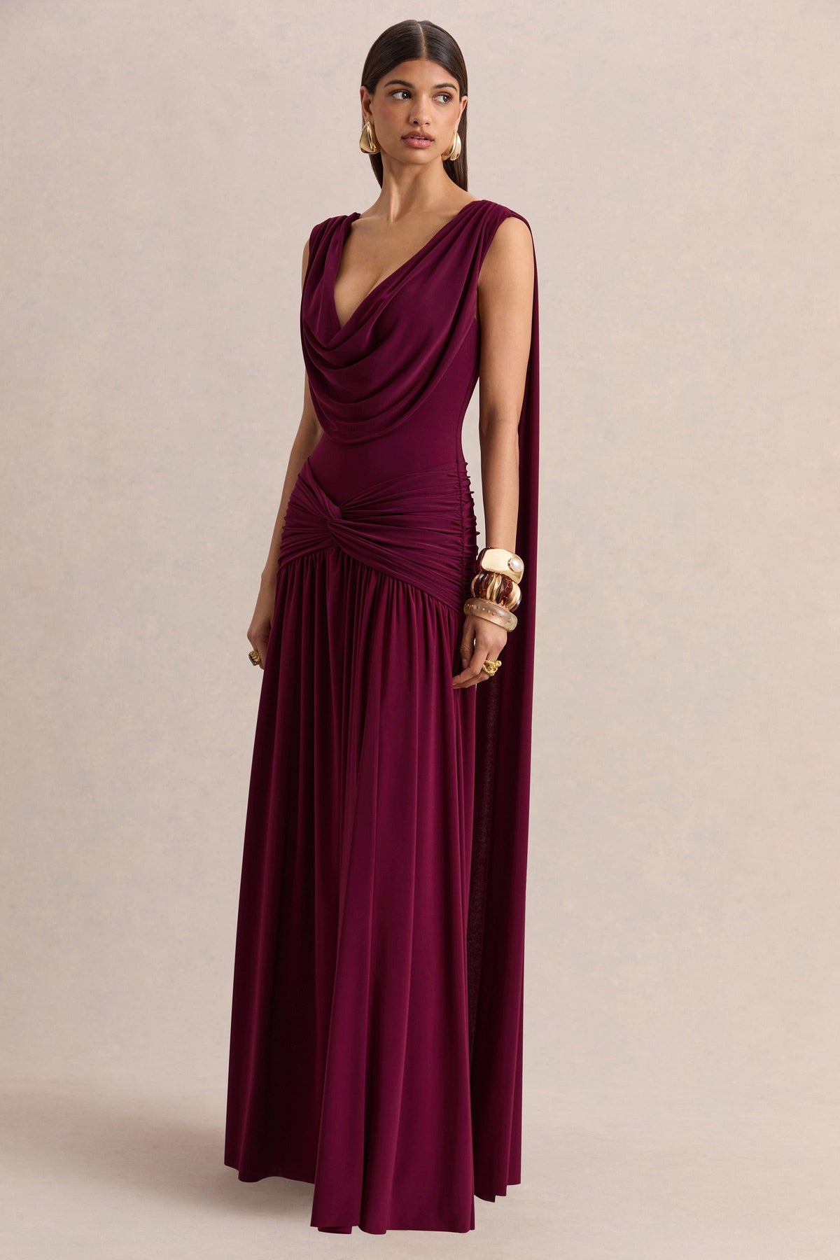 Women's Burgundy Cowl Neck Evening Maxi Dress - Burgundy