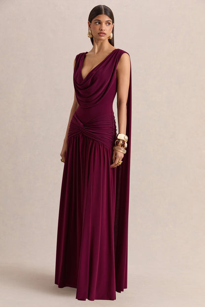 Women's Burgundy Cowl Neck Evening Maxi Dress - Burgundy