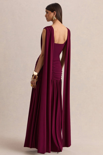 Women's Burgundy Cowl Neck Evening Maxi Dress - Burgundy