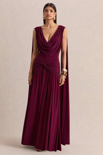 Women's Burgundy Cowl Neck Evening Maxi Dress - Burgundy