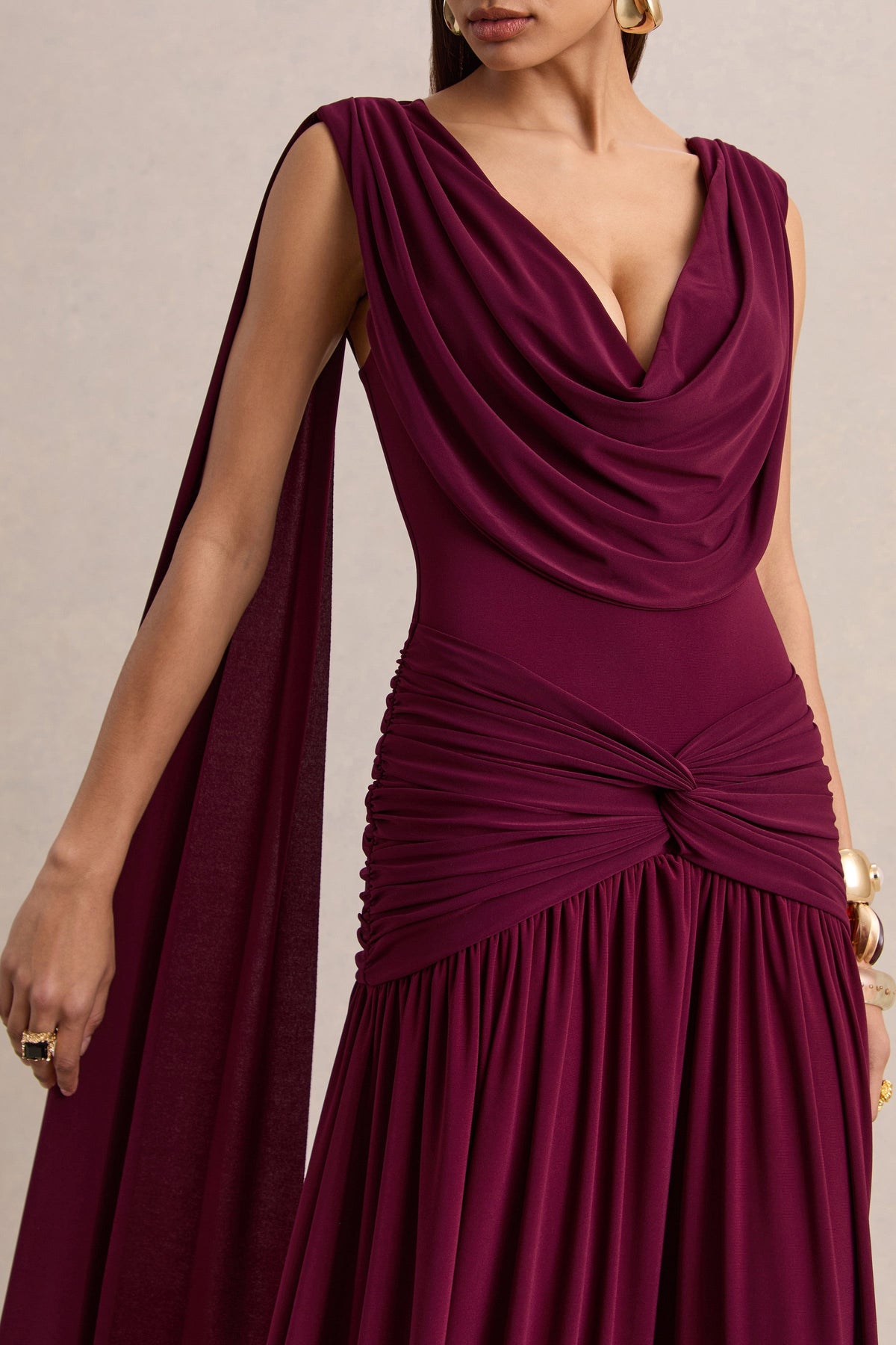 Women's Burgundy Cowl Neck Evening Maxi Dress - Burgundy