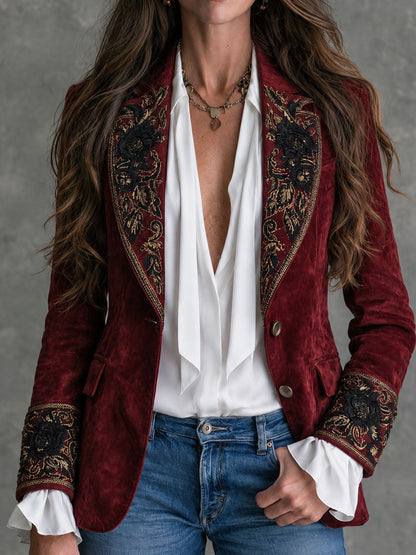 Women's Burgundy Floral Embroidered Blazer - Burgundy