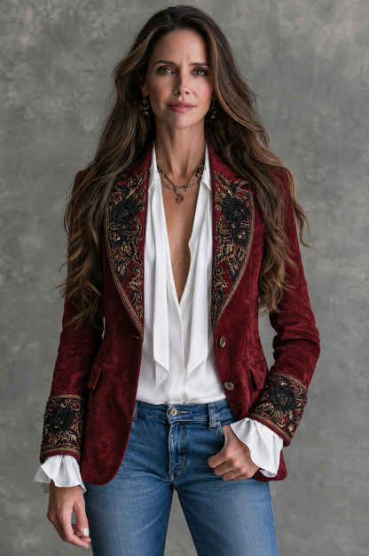 Women's Burgundy Floral Embroidered Blazer - Burgundy