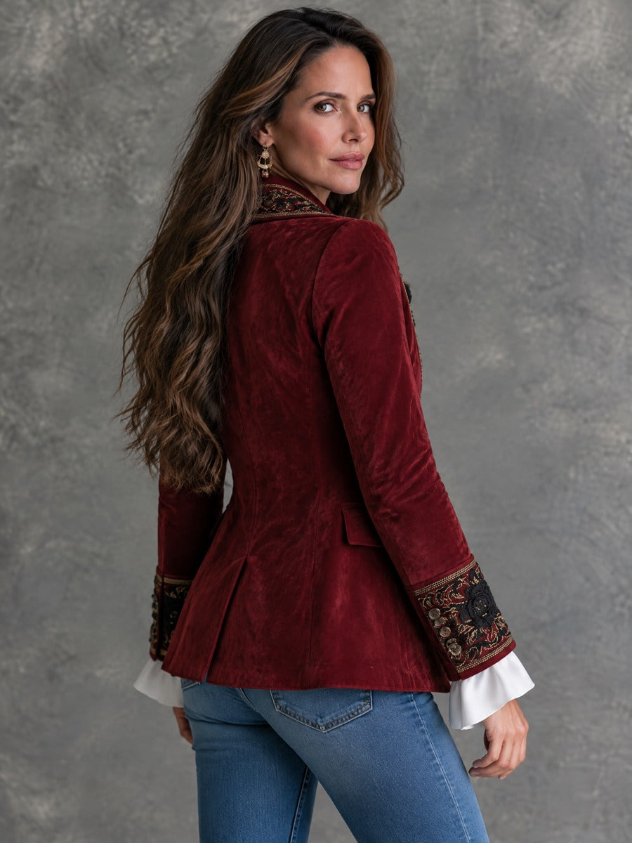 Women's Burgundy Floral Embroidered Blazer - Burgundy
