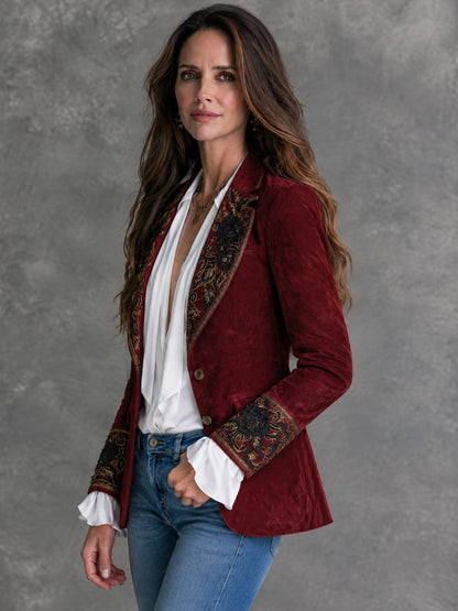 Women's Burgundy Floral Embroidered Blazer - Burgundy