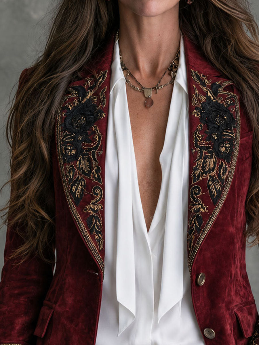 Women's Burgundy Floral Embroidered Blazer - Burgundy