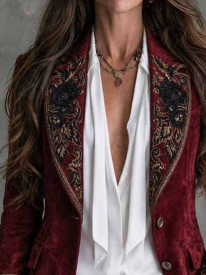 Women's Burgundy Floral Embroidered Blazer - Burgundy