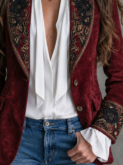 Women's Burgundy Floral Embroidered Blazer - Burgundy