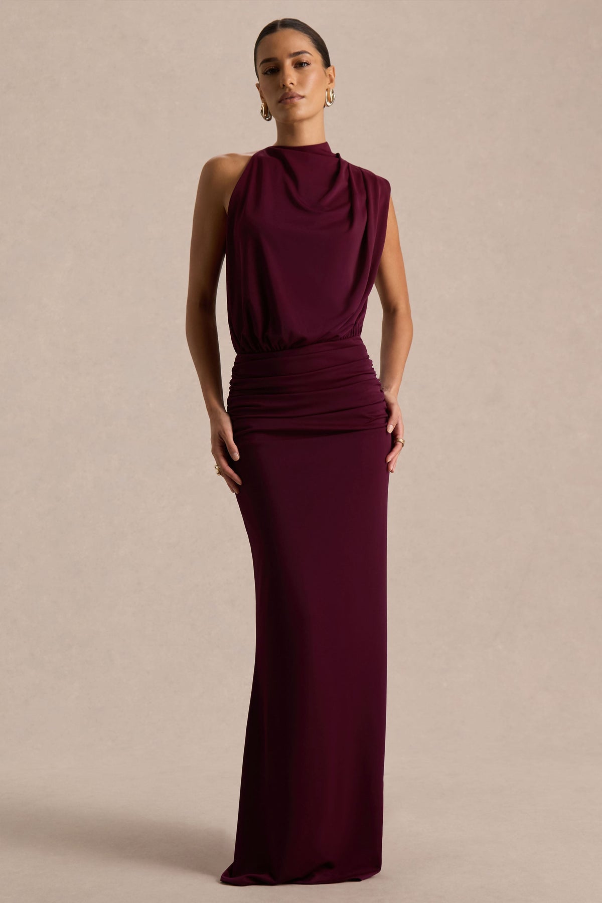 Women's Burgundy High Neck Formal Maxi Dress - Burgundy