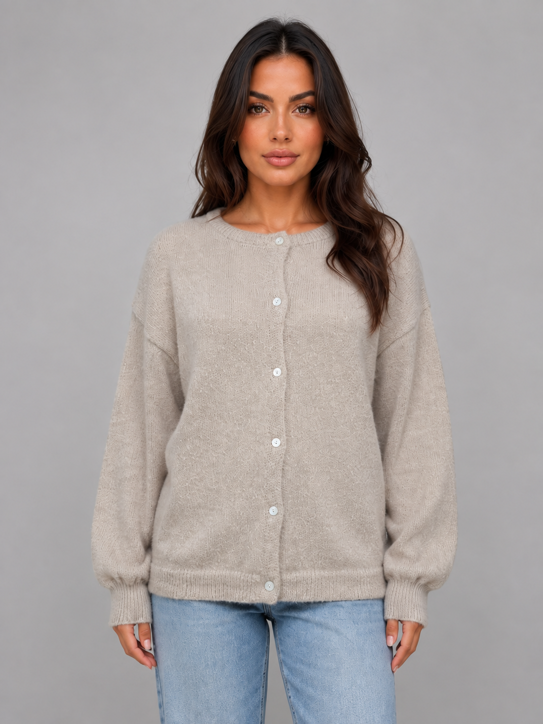 Women's Button-Front Crew Neck Knit Cardigan - Taupe