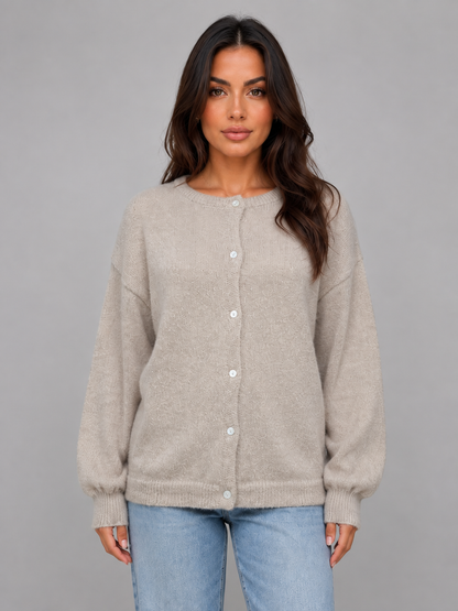 Women's Button-Front Crew Neck Knit Cardigan - Taupe