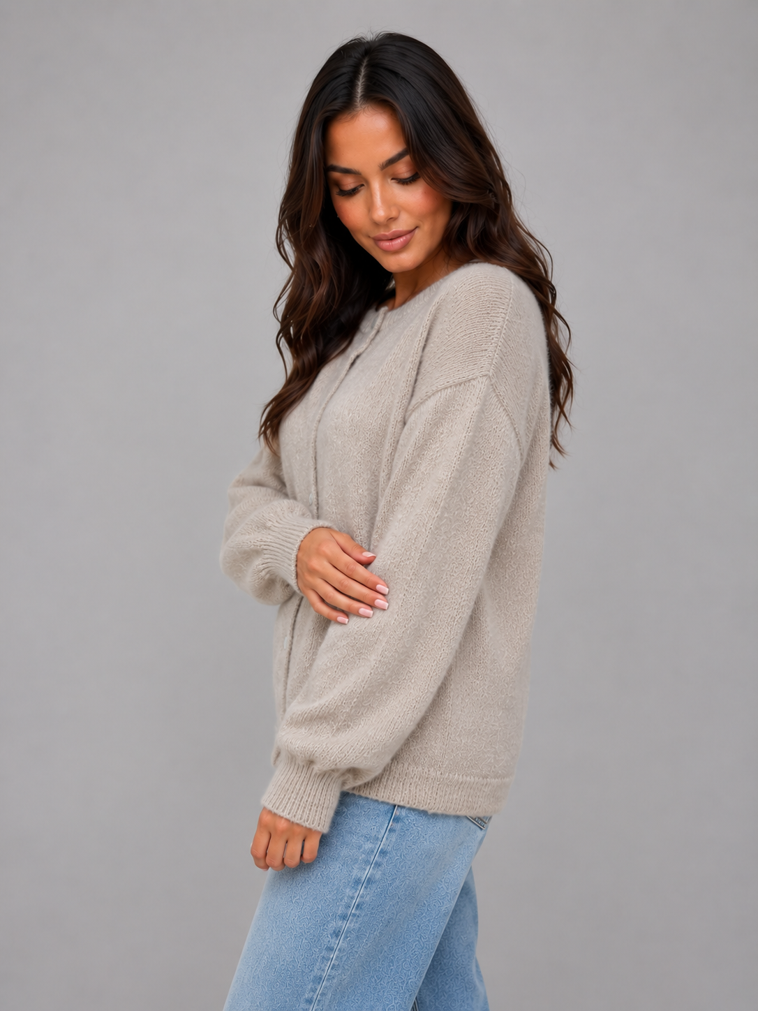 Women's Button-Front Crew Neck Knit Cardigan - Taupe