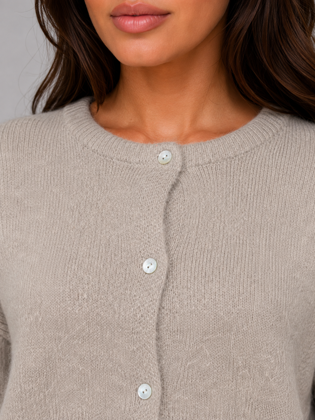 Women's Button-Front Crew Neck Knit Cardigan - Taupe