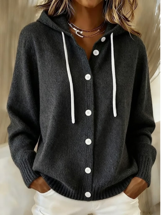 Women's Button-Front Hooded Knit Cardigan - Black