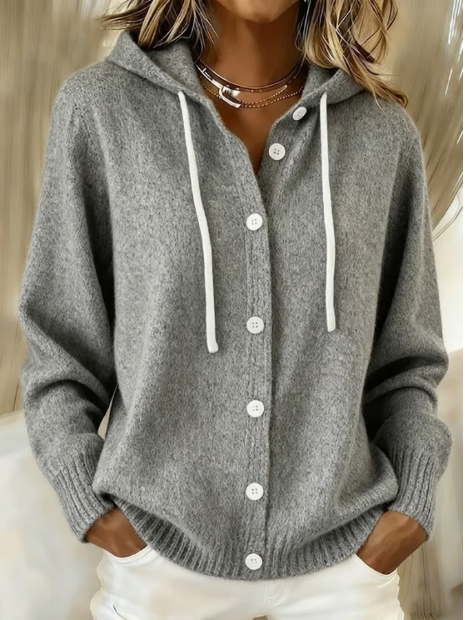 Women's Button-Front Hooded Knit Cardigan - Gray