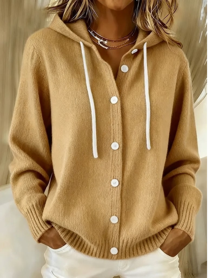 Women's Button-Front Hooded Knit Cardigan - Khaki