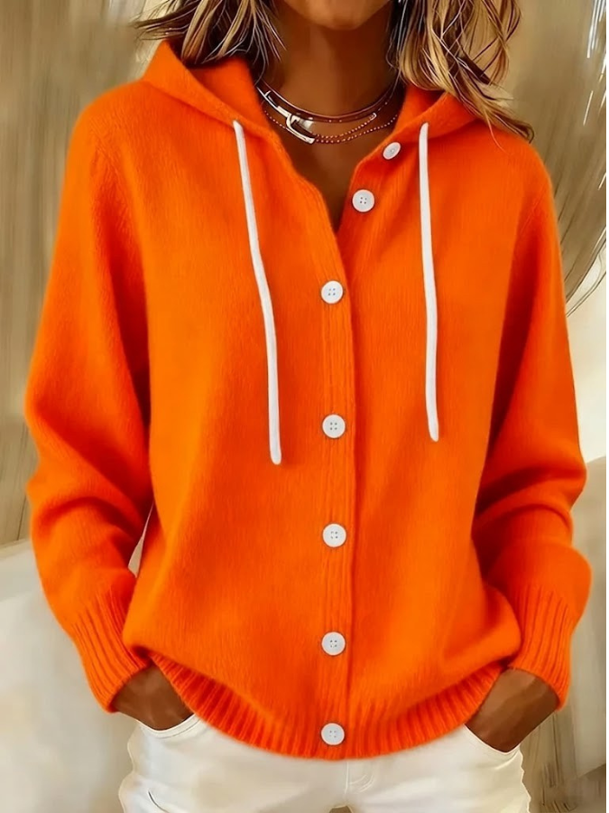 Women's Button-Front Hooded Knit Cardigan - Orange