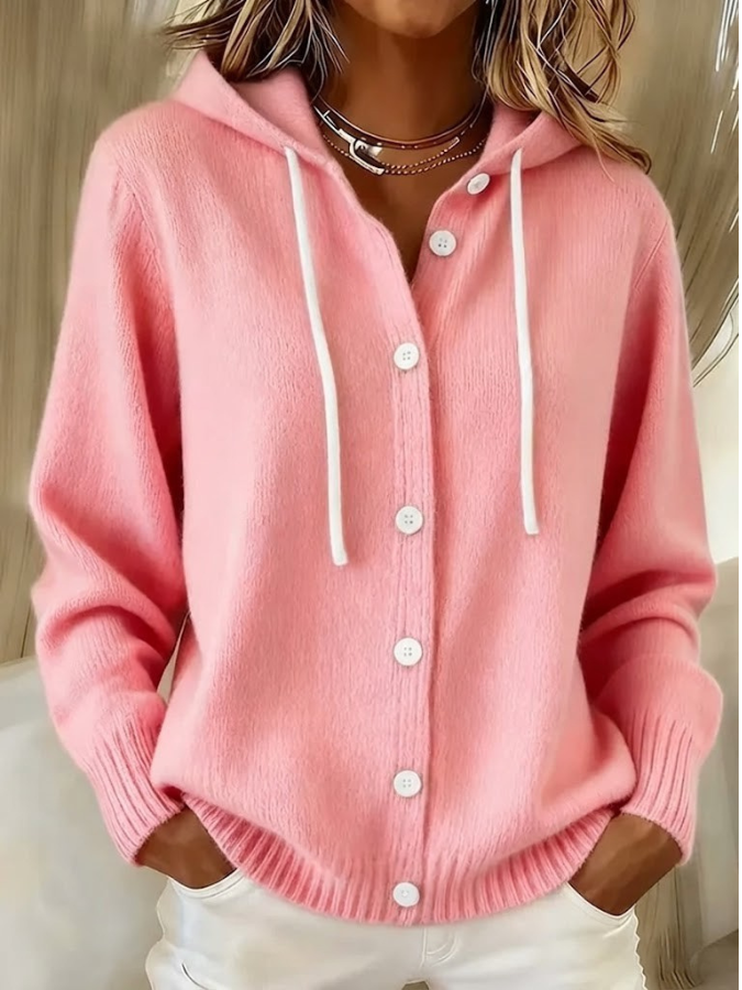 Women's Button-Front Hooded Knit Cardigan - Pink