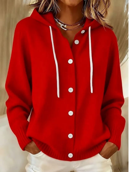 Women's Button-Front Hooded Knit Cardigan - Red