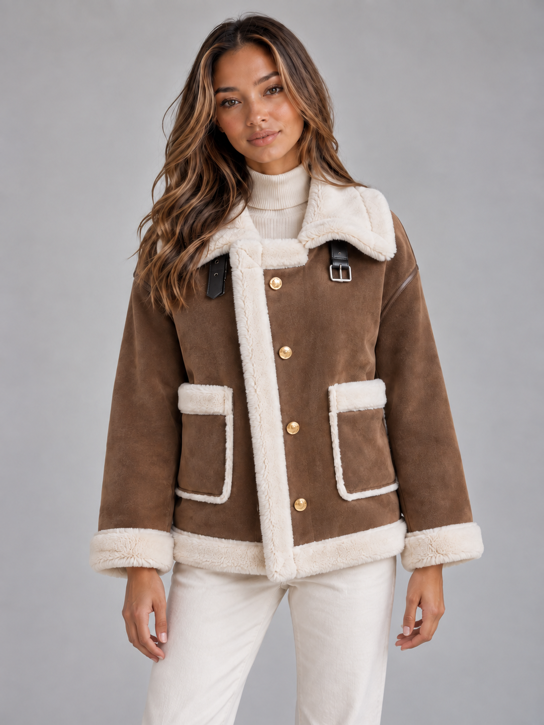 Women's Button Front Suede-Look Aviator Jacket - Brown