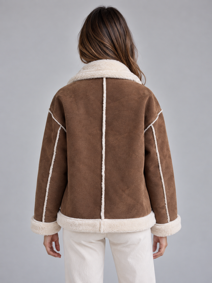 Women's Button Front Suede-Look Aviator Jacket - Brown