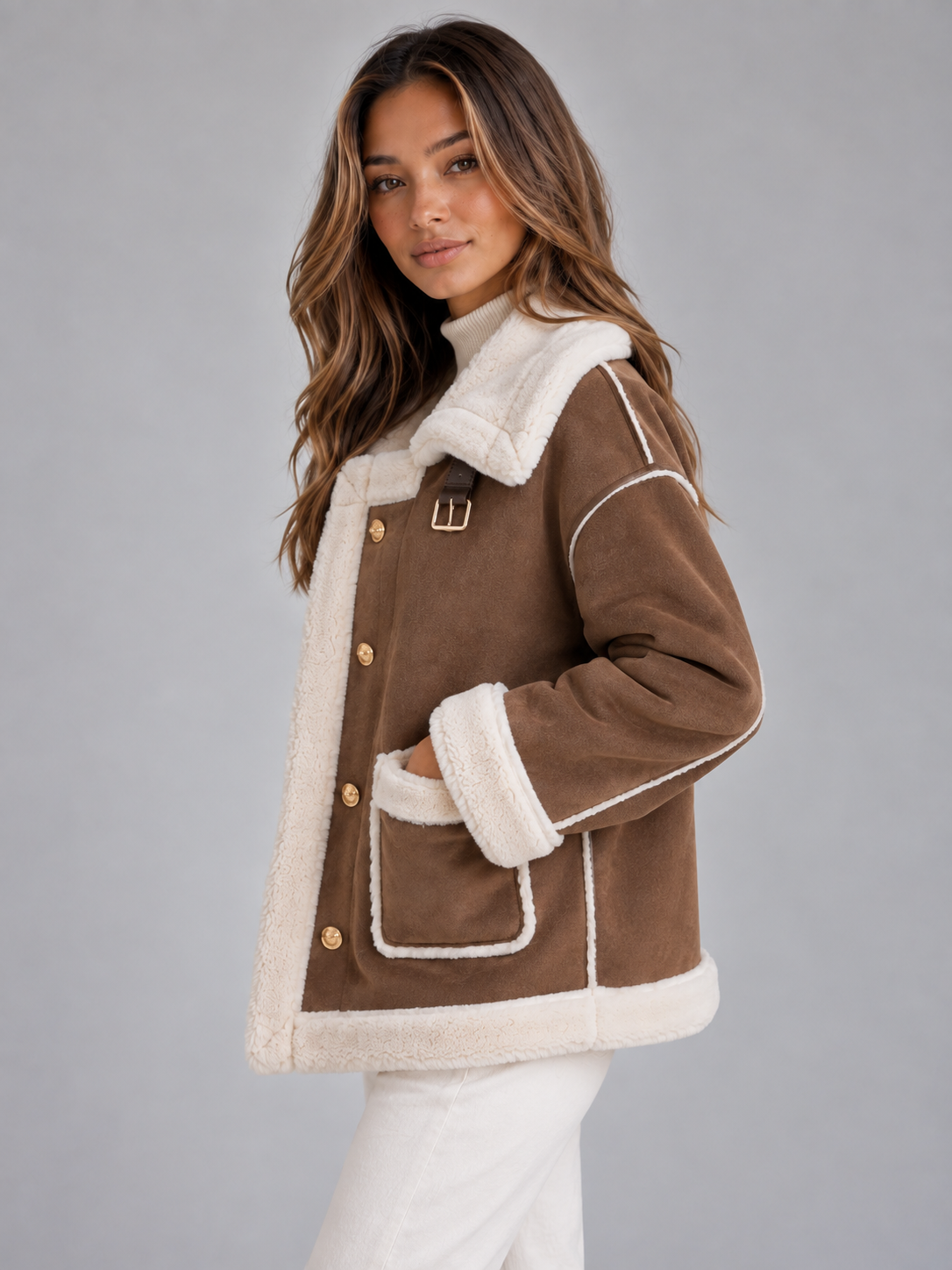 Women's Button Front Suede-Look Aviator Jacket - Brown