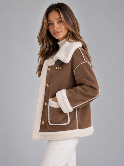 Women's Button Front Suede-Look Aviator Jacket - Brown