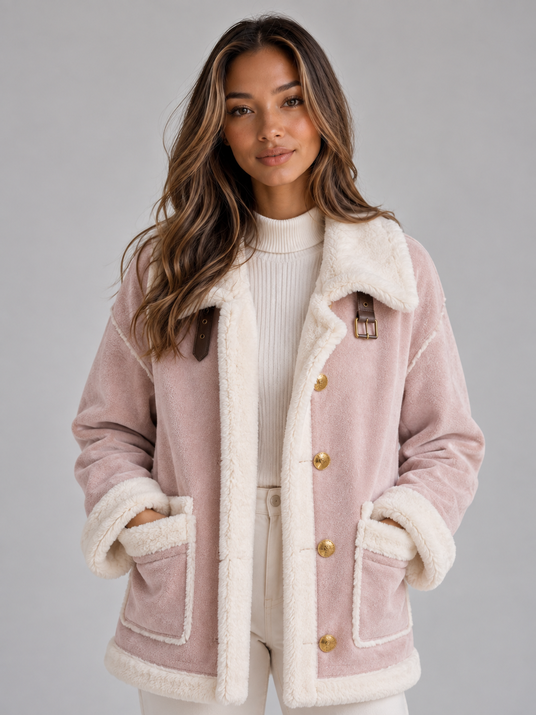 Women's Button Front Suede-Look Aviator Jacket - Dusty Pink