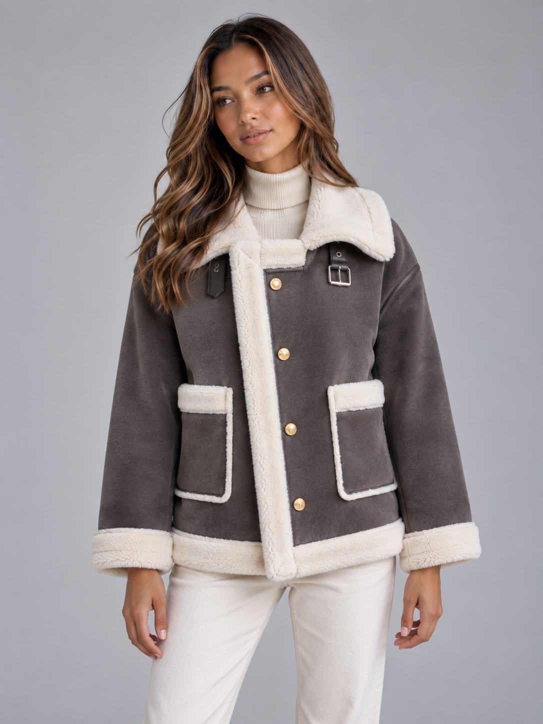 Women's Button Front Suede-Look Aviator Jacket - Gray