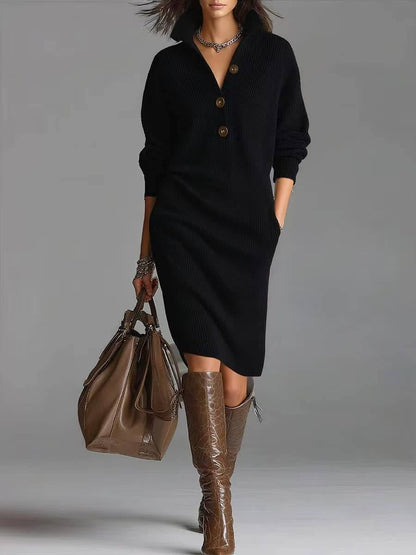 Women's Button-Up Collared Knit Midi Dress - Black