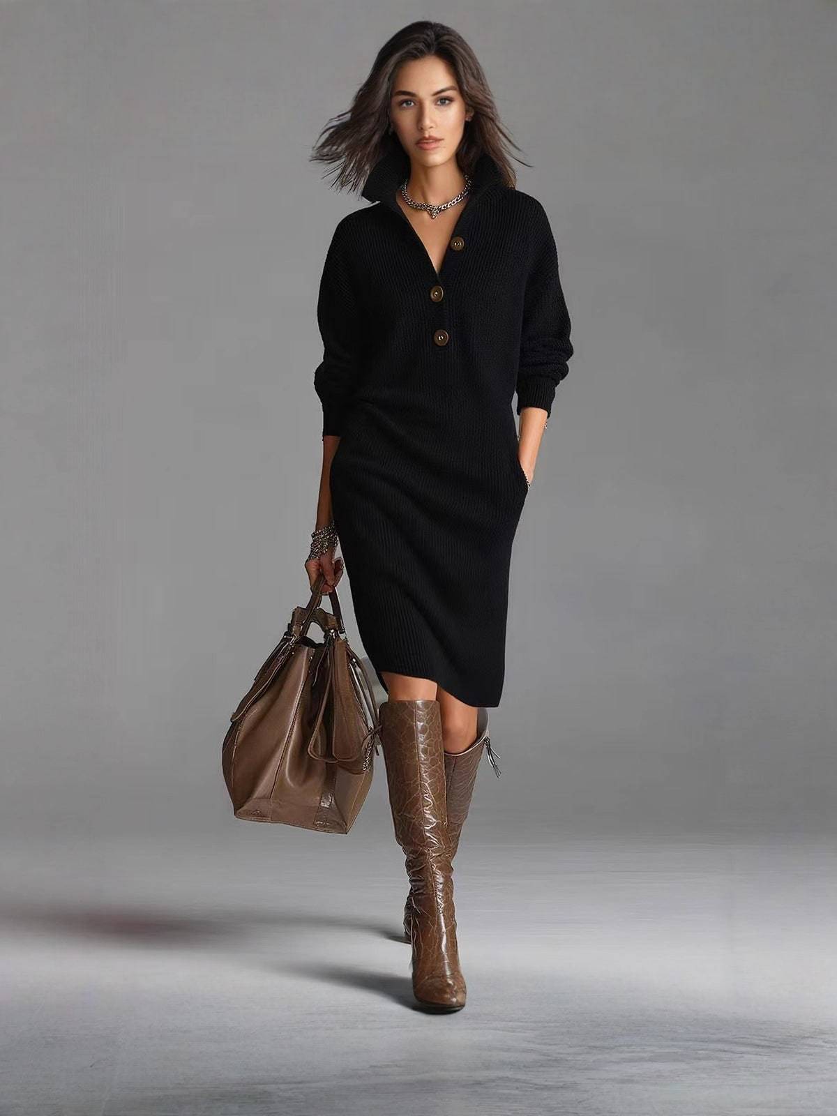 Women's Button-Up Collared Knit Midi Dress - Black