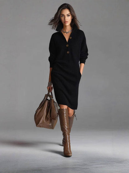 Women's Button-Up Collared Knit Midi Dress - Black