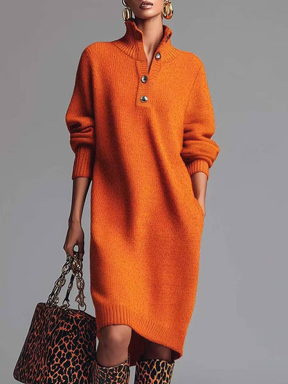 Women's Button-Up Collared Knit Midi Dress - Orange