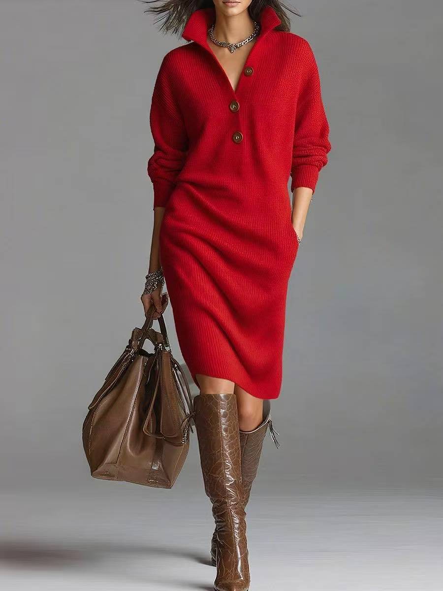 Women's Button-Up Collared Knit Midi Dress - Red