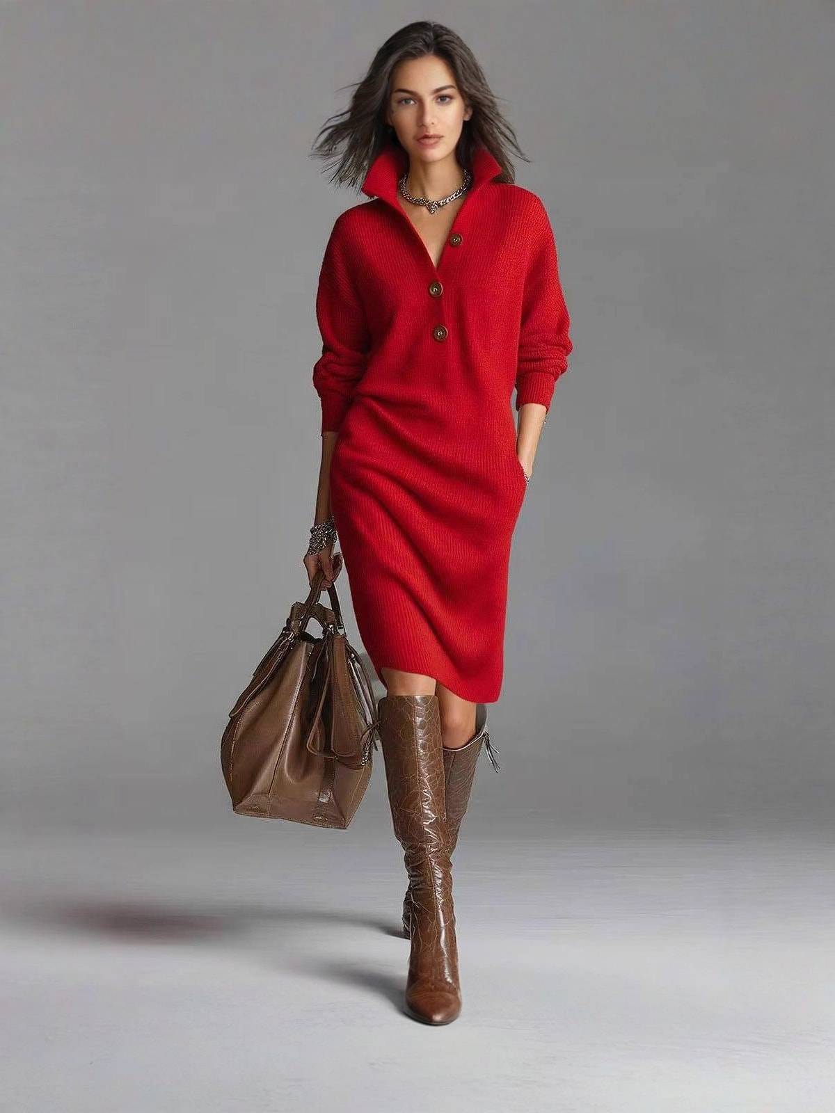 Women's Button-Up Collared Knit Midi Dress - Red