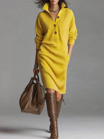Women's Button-Up Collared Knit Midi Dress - Yellow