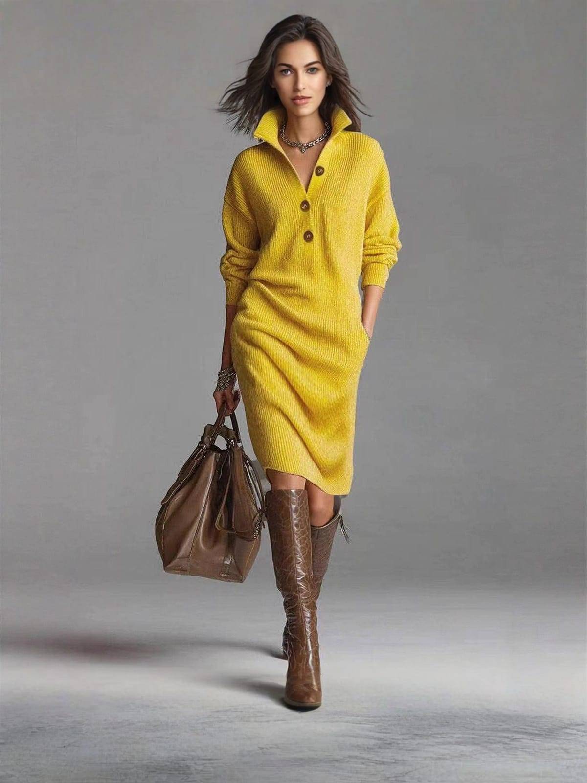 Women's Button-Up Collared Knit Midi Dress - Yellow