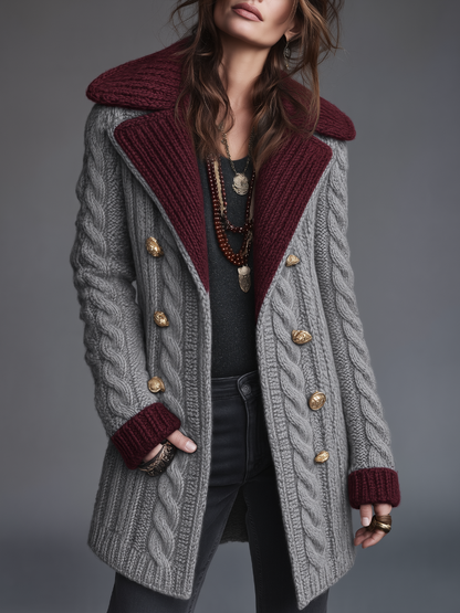 Women's Cable Knit Contrast Collar Coat - Gray