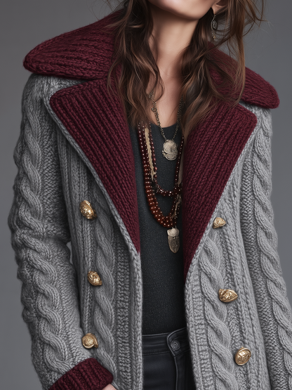 Women's Cable Knit Contrast Collar Coat - Gray