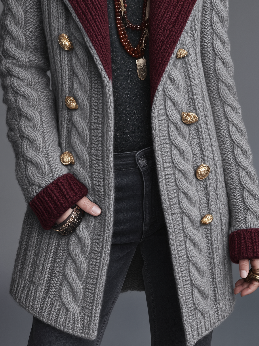 Women's Cable Knit Contrast Collar Coat - Gray