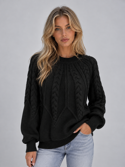 Women's Cable Knit Crew Neck Sweater - Black