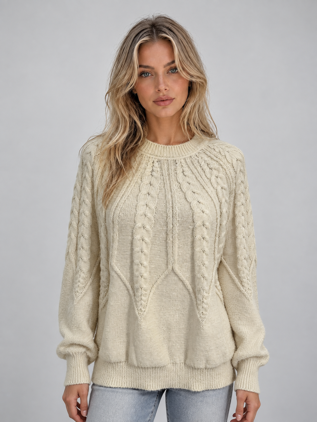 Women's Cable Knit Crew Neck Sweater - Cream