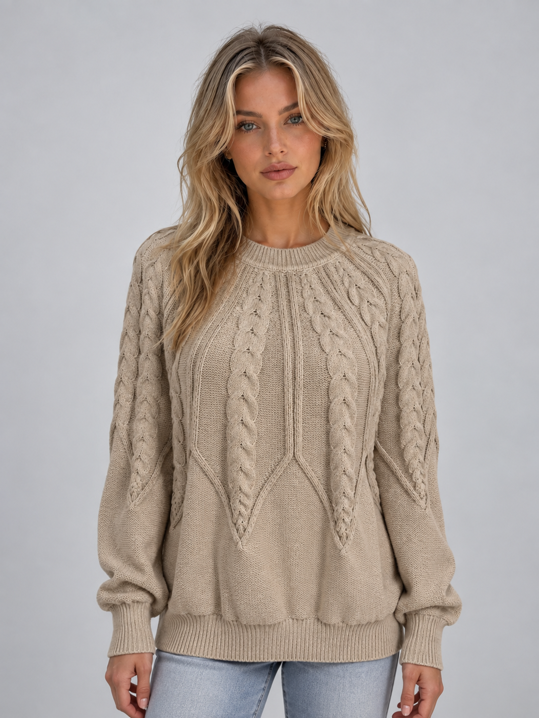 Women's Cable Knit Crew Neck Sweater - Khaki