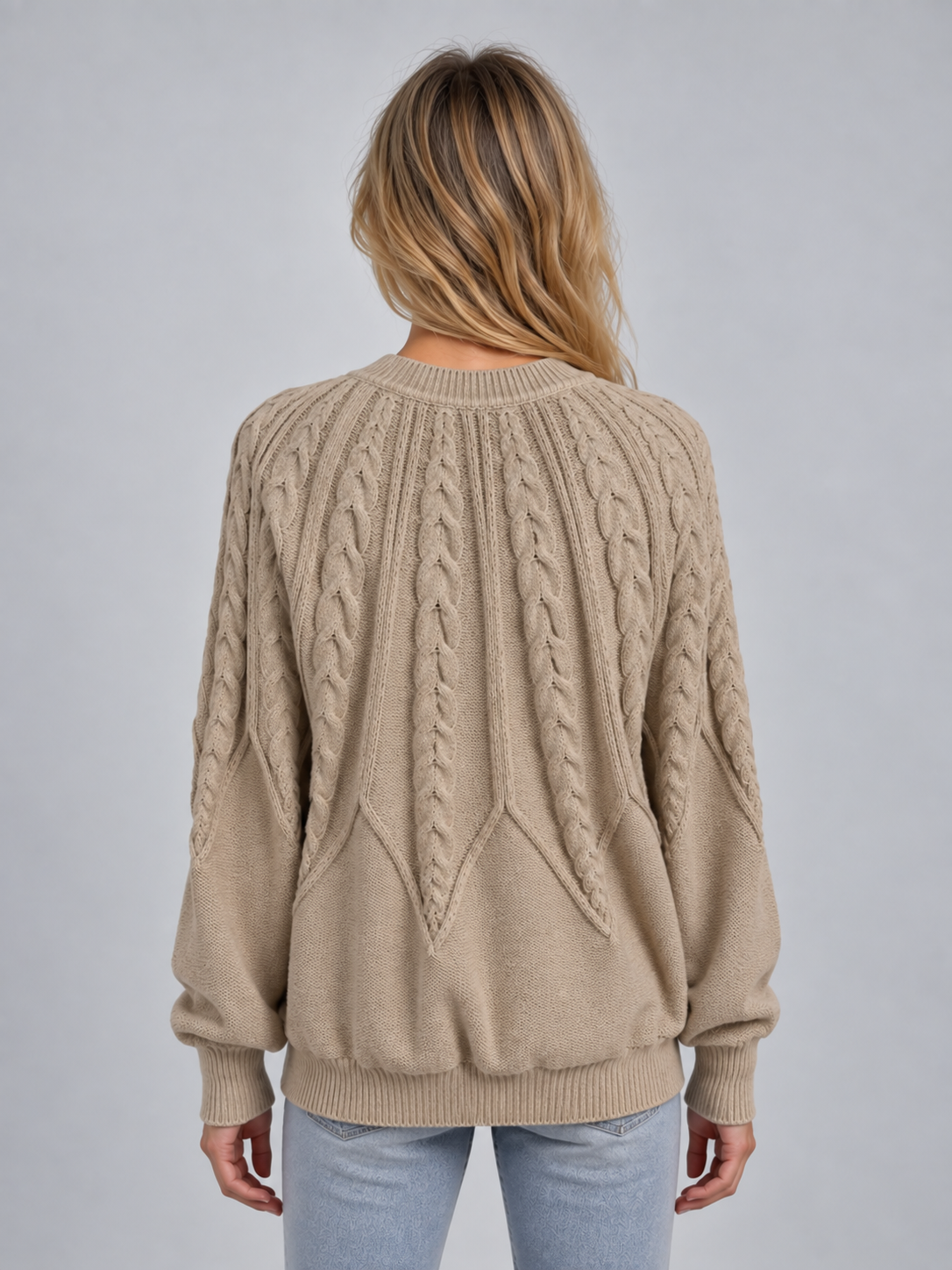Women's Cable Knit Crew Neck Sweater - Khaki